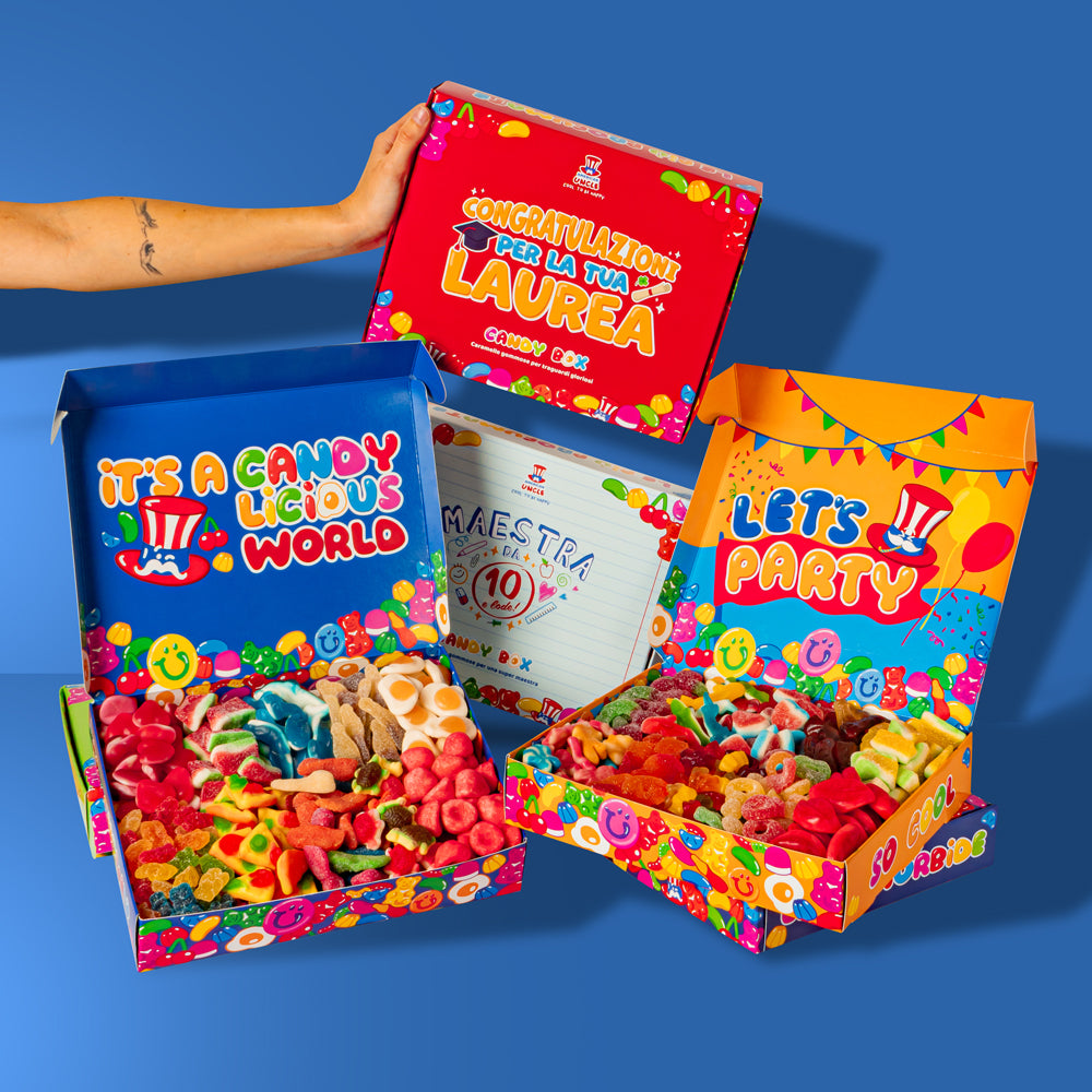 Varie scatole di caramelle gommose Wunnie Box: classica, laurea, compleanno, maestra