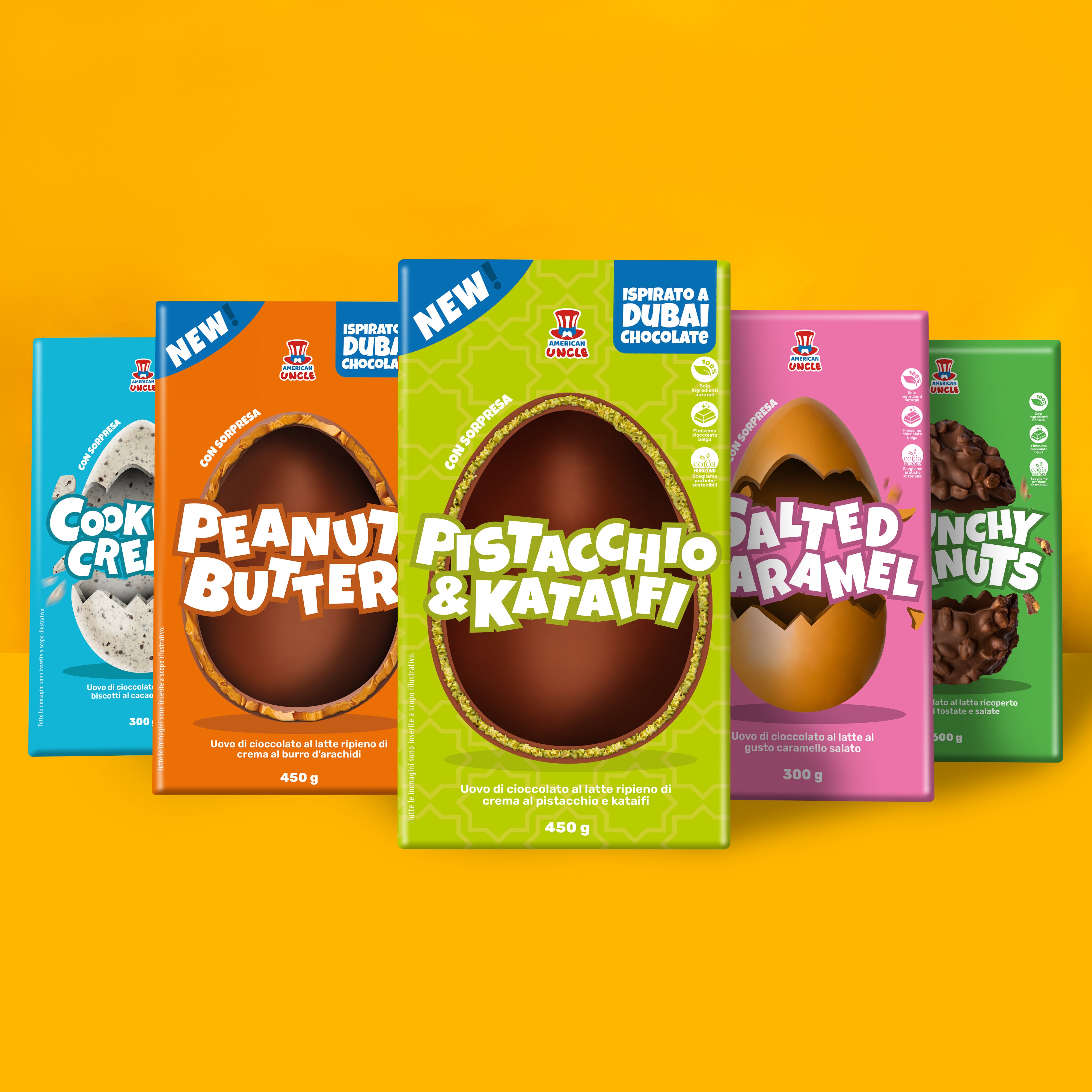 5 uova di pasqua: cookies and cream, burro d'arachidi, pistacchio e kataifi, caramello salato e arachidi croccante