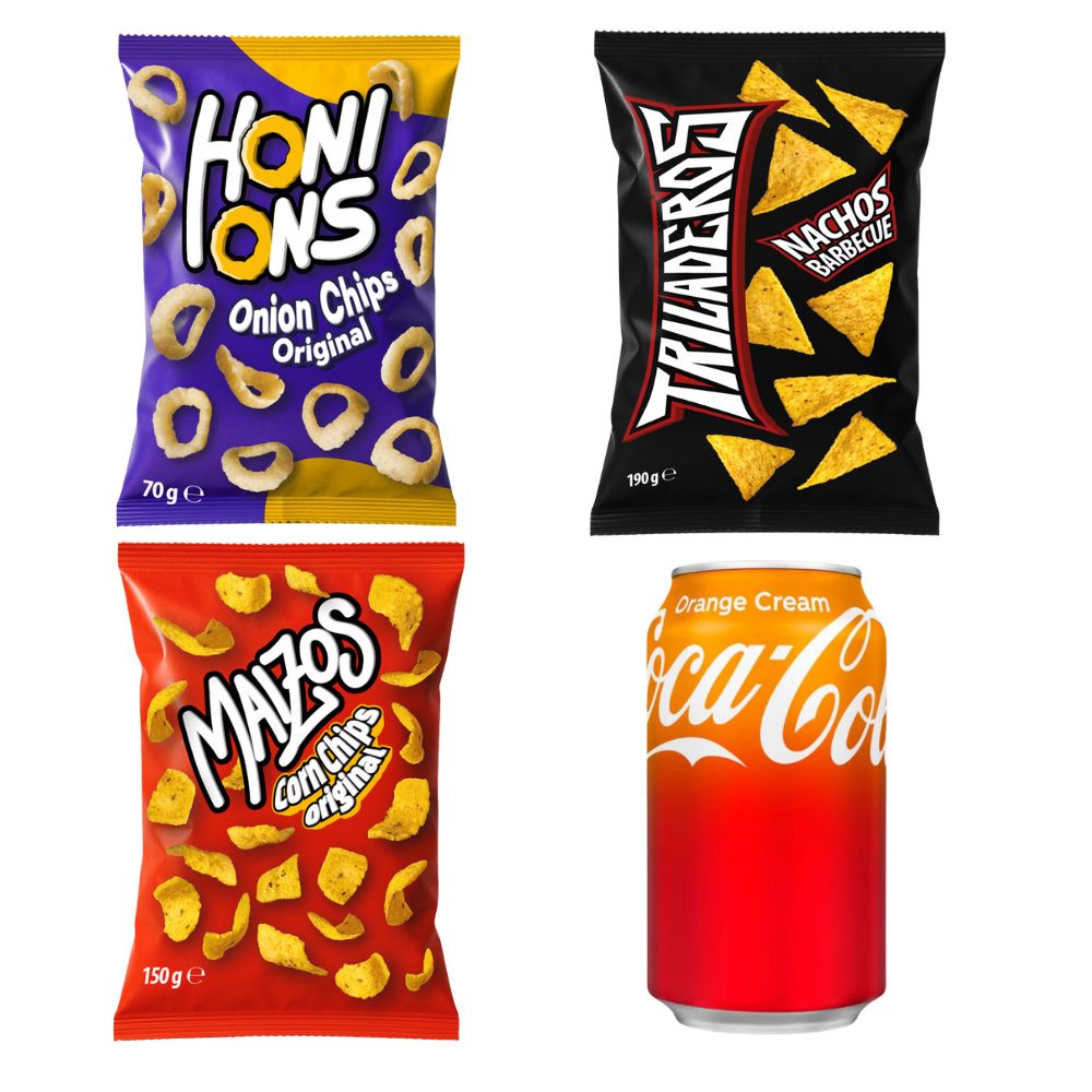 Kit Aperitivo: 1 Honions Onion Rings da 70g, 1 Triladeros Nachos BBQ da 190g, 1 Maizos Corn Chips Original da 150g, 1 Coca Cola Orange Cream da 355ml