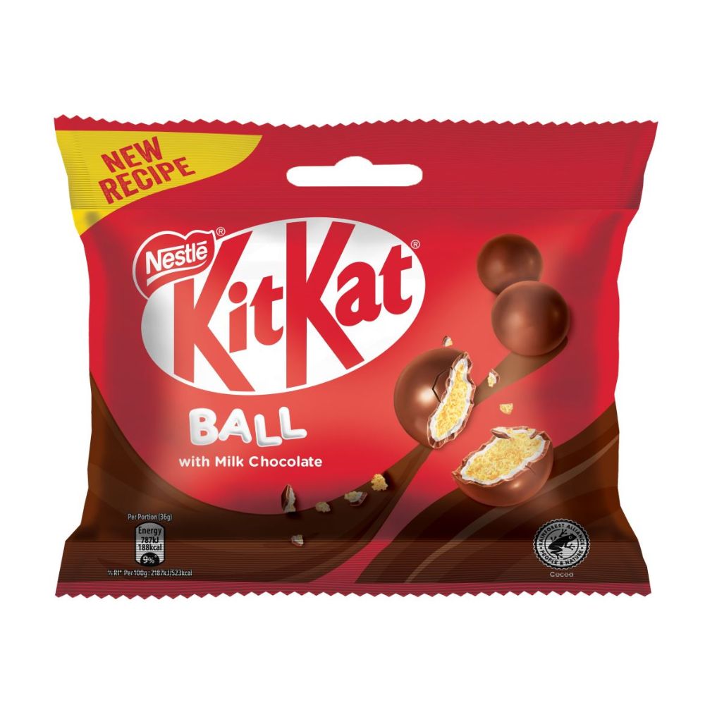 Confezione da 36g, palline di cereali ricoperti di cioccolato Kit Kat.