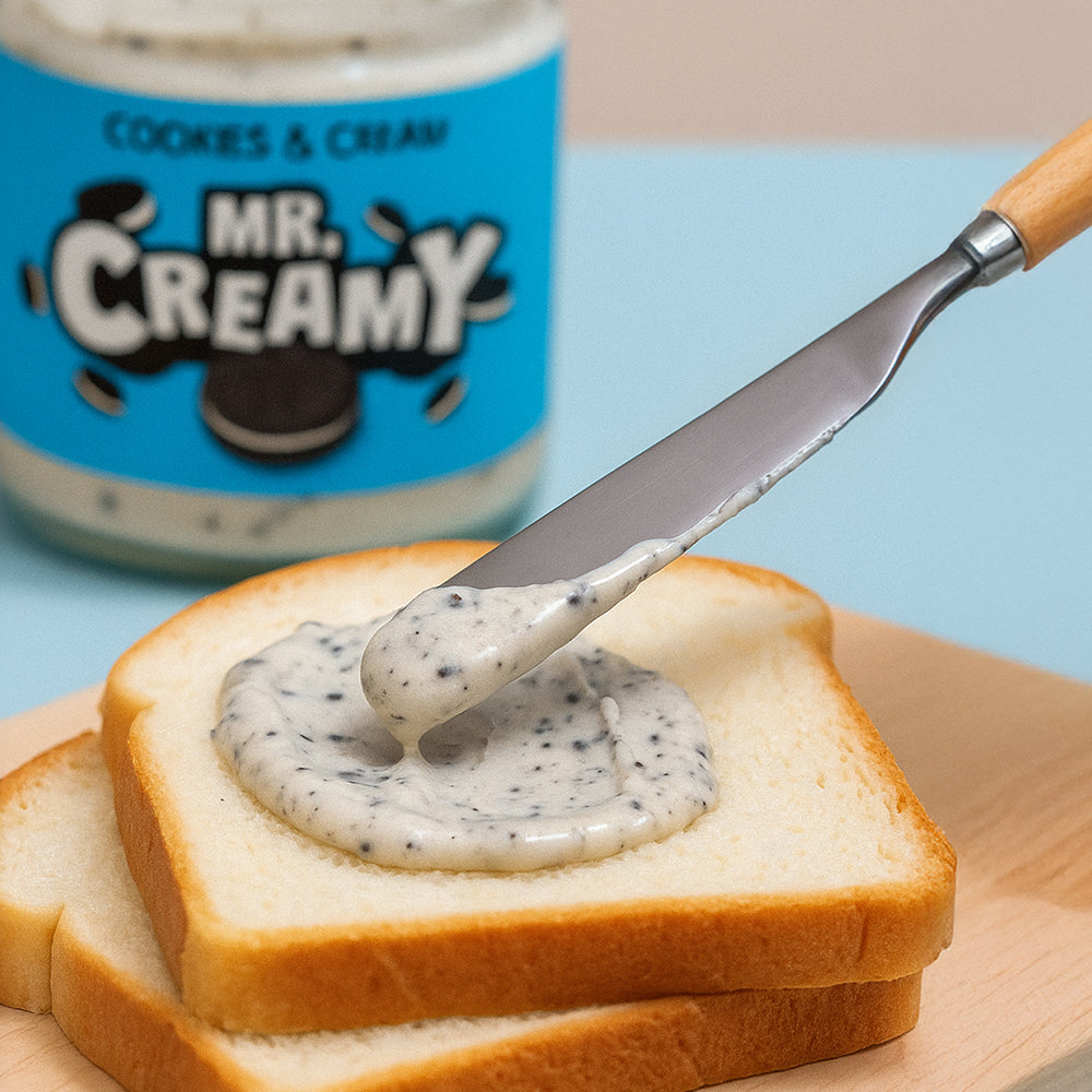Confezione da 200g di crema spalmabile Mr Creamy al Cookies & Cream mentre viene spalmata su una fetta di pane