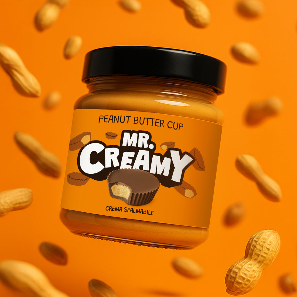 Confezione da 200g di crema spalmabile al burro d'arachidi Mr. Creamy circondata da arachidi
