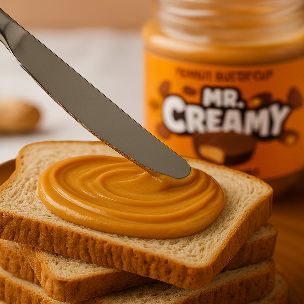 Confezione da 200g di crema spalmabile al burro d'arachidi Mr. Creamy mentre viene spalmata sul pane