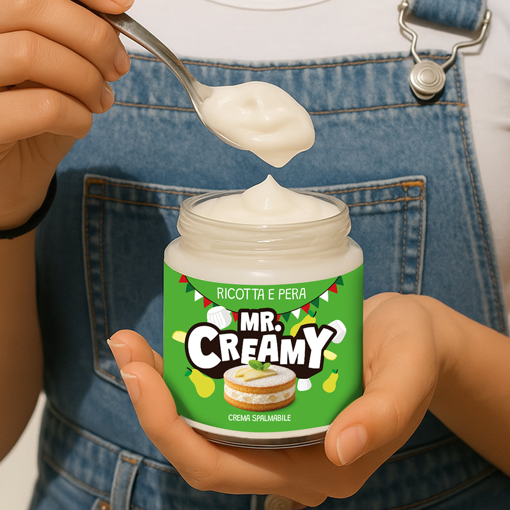 Barattolo in vetro da 200g di crema spalmabile al gusto ricotta e pera Mr Creamy