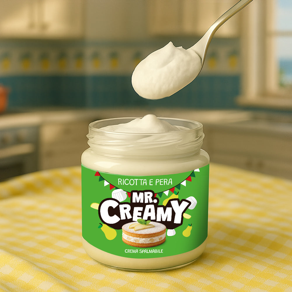Barattolo in vetro da 200g di crema spalmabile al gusto ricotta e pera Mr Creamy
