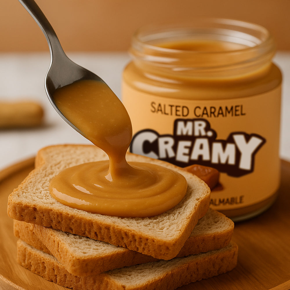 Confezione da 200g di crema spalmabile Mr Creamy al Salted Caramel mentre viene spalmata sul pane