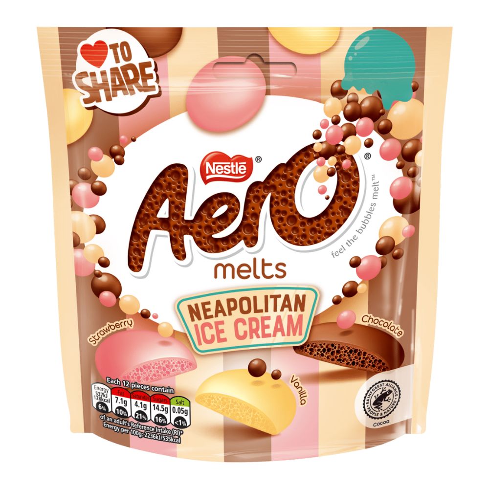 Confezione da 86g, cioccolato al latte aerato con pezzi al gusto di fragola e vaniglia Nestle.