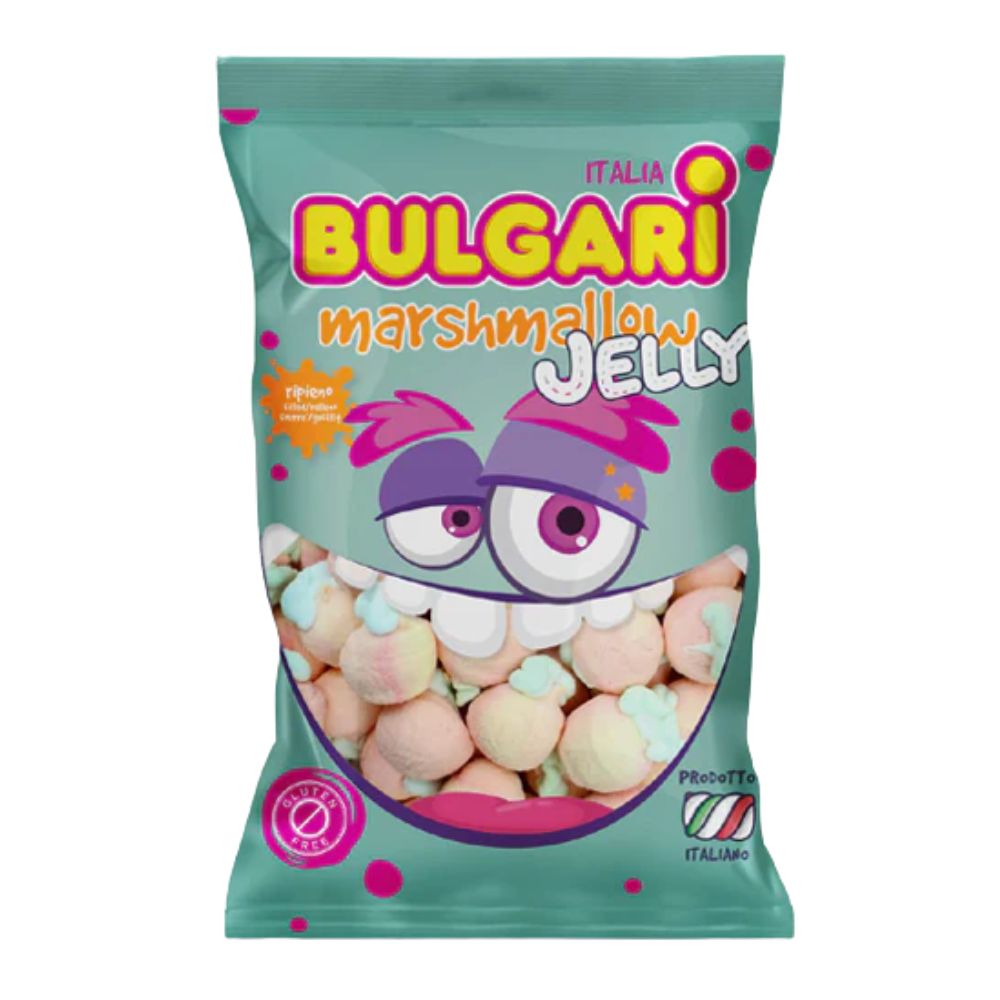 Confezione da 1kg, marshmallow a forma di pesca e ripieni di gelatina al gusto di pesca Bulgari.