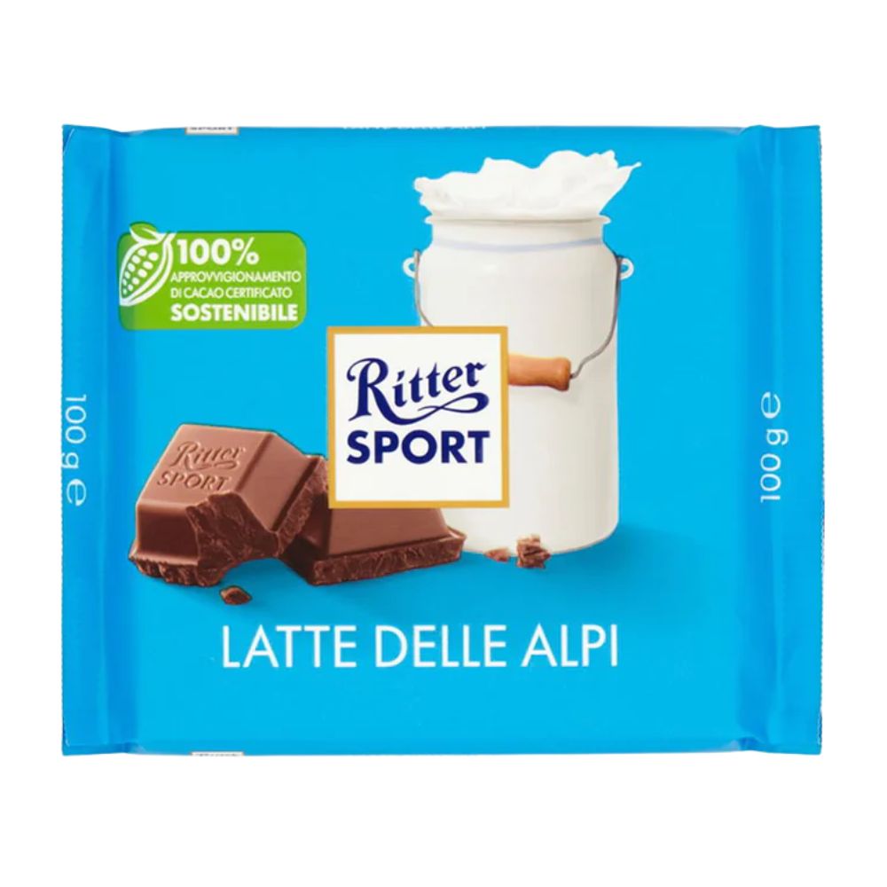Confezione da 100g, cioccolato al latte extra Ritter Sport.