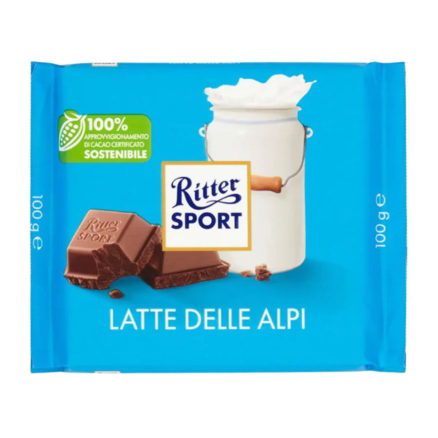 Confezione da 100g, cioccolato al latte extra Ritter Sport.