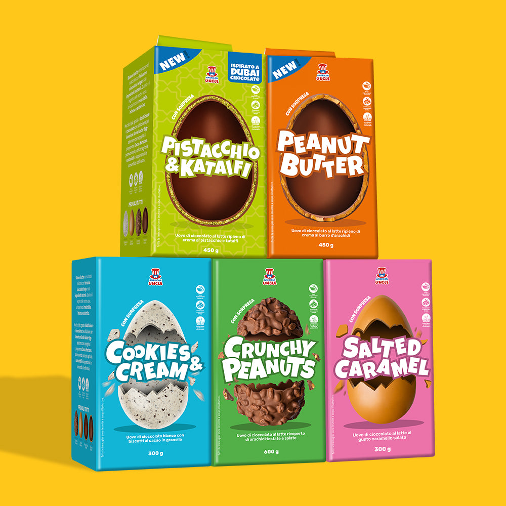 5 uova di pasqua: cookies and cream, burro d'arachidi, pistacchio e kataifi, caramello salato e arachidi croccante