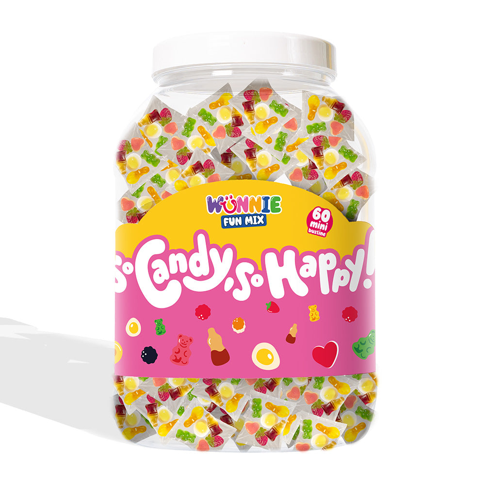 Confezione da 1200g di bustine monoporzione di caramelle gommose nella versione rosa e gialla