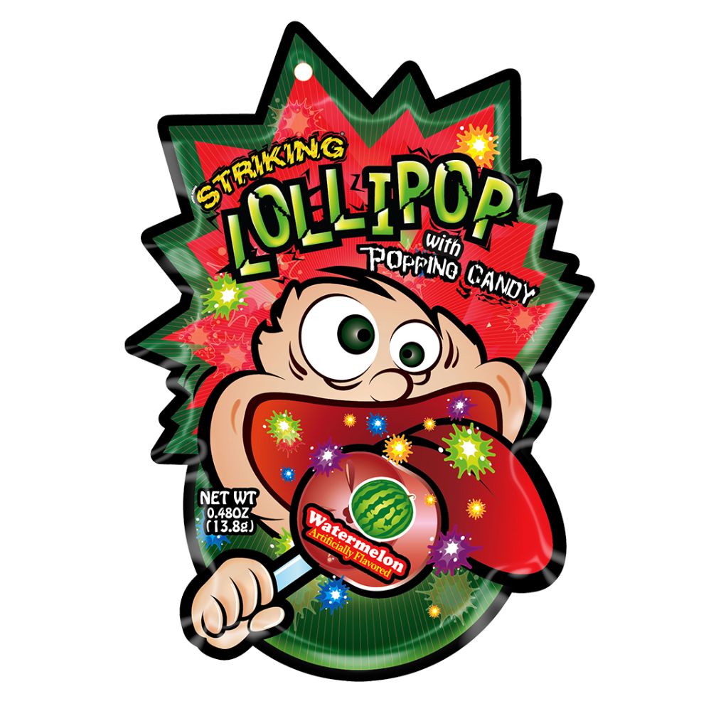 Confezione da 13g di lecca lecca all'anguria con polvere scoppiettante Striking Lollipop