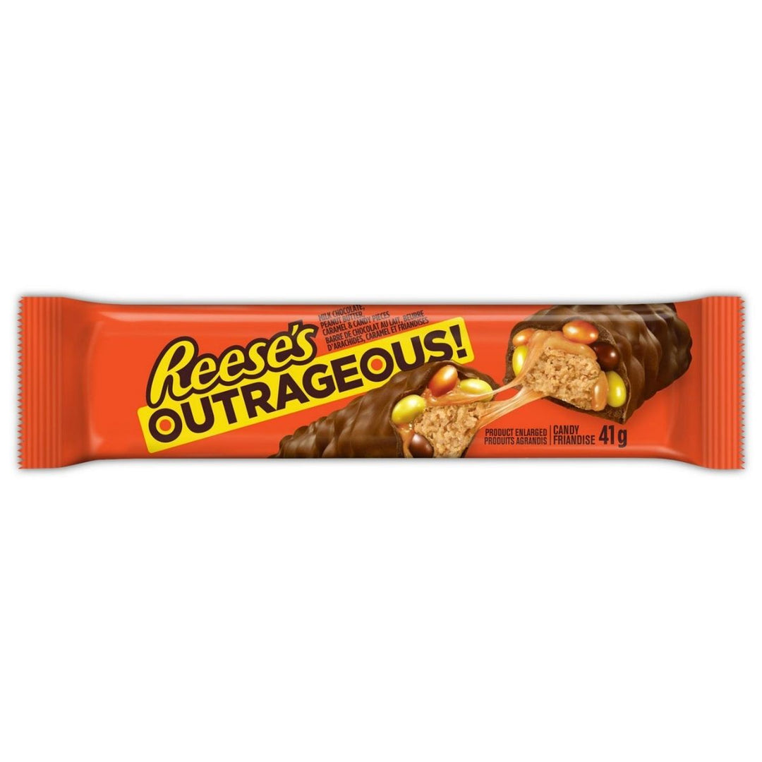 Reese's Outrageous!, barretta di cioccolato ripiena di burro d'arachidi e confetti colorati da 41g