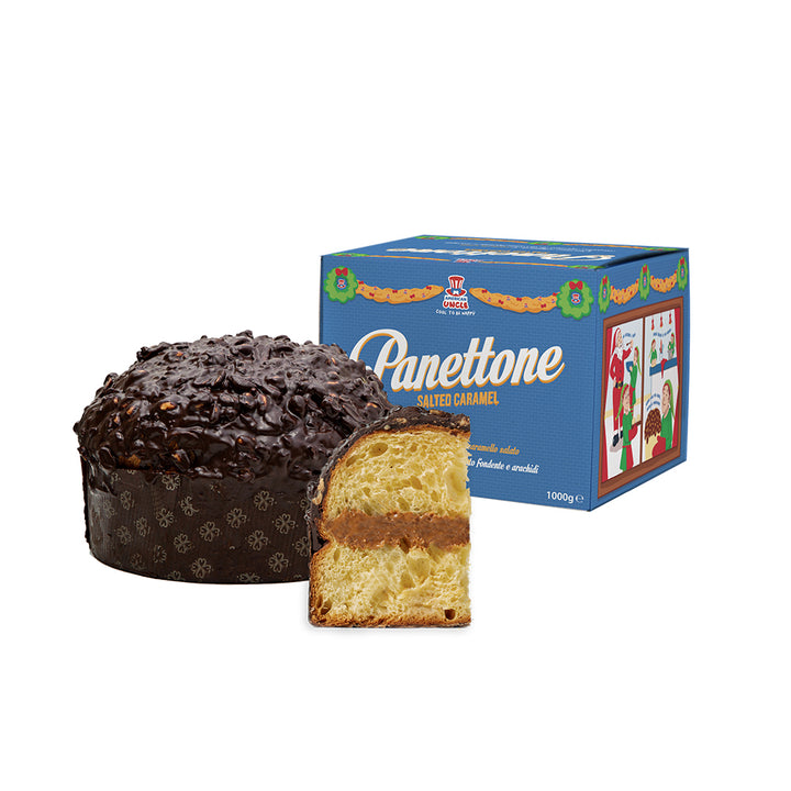 Il Panettone di American Uncle, panettone artigianale ripieno al caramello salato con copertura al cioccolato fondente e arachidi da 1kg