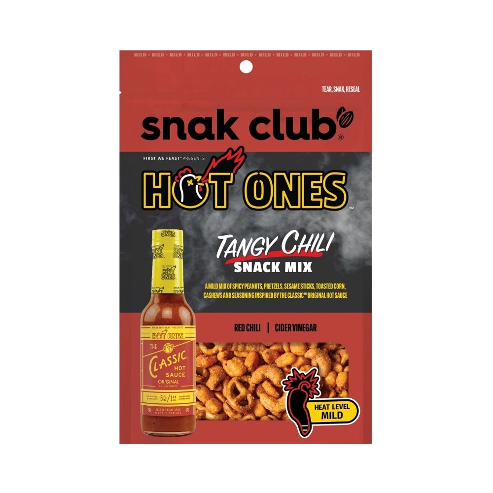 Snack club Hot Ones Tangy Chili Snack Mix, frutta secca e red chili da 57g