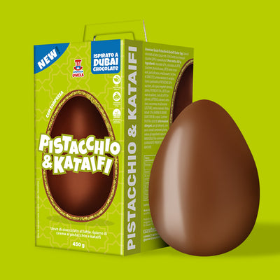 American Uncle Pistacchio & Kataifi Easter Egg, uovo di Pasqua Dubai Chocolate - cioccolato al latte ripieno di crema al Pistacchio e Kataifi da 450 g