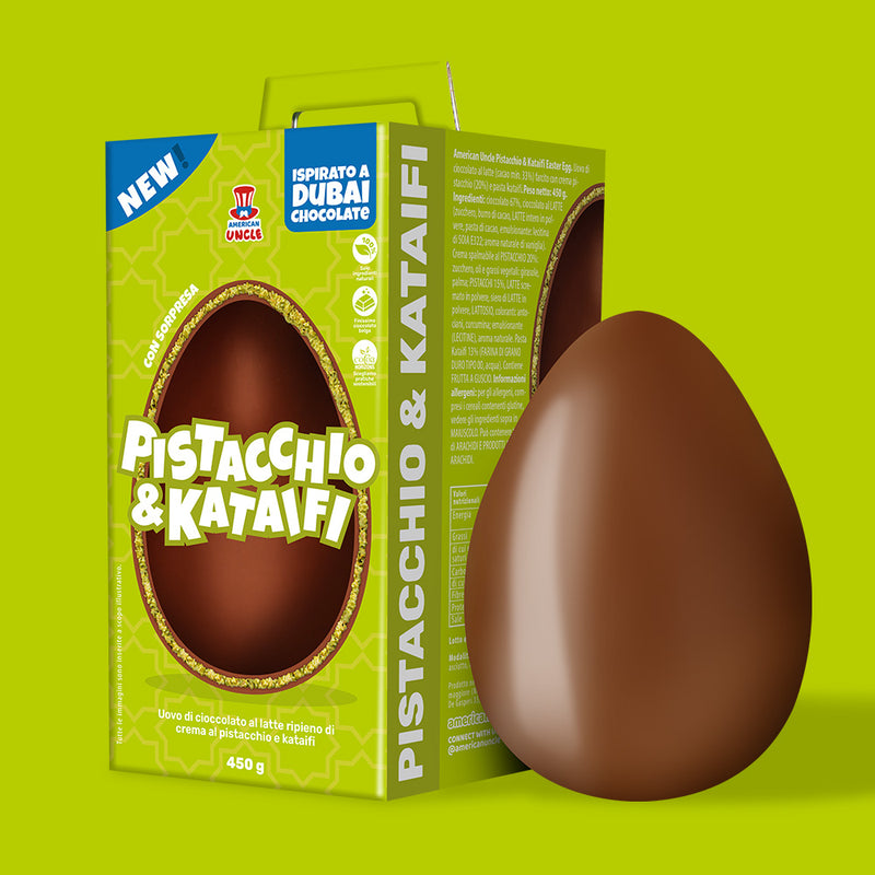 American Uncle Pistacchio & Kataifi Easter Egg, uovo di Pasqua Dubai Chocolate - cioccolato al latte ripieno di crema al Pistacchio e Kataifi da 450 g