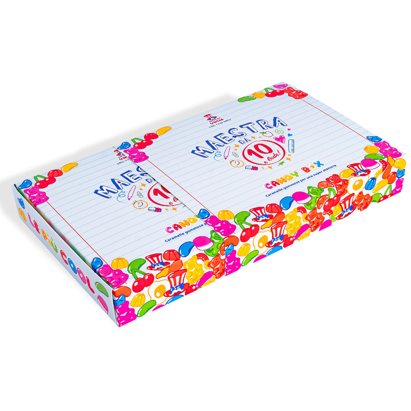 Candy box "Maestra da 10 e lode", scatola di caramelle gommose da comporre con le preferite della tua maestra