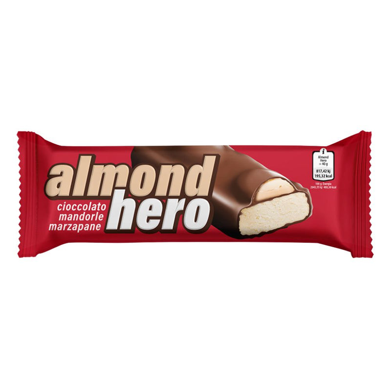 Confezione da 40g, barretta di marzapane ricoperta al cioccolato al latte Almondhero.