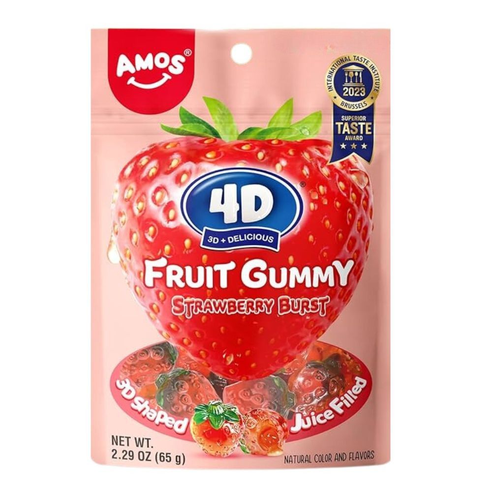 Amos 4D Fruit Gummy Strawberry Burst, caramelle gommose ripiene al gusto di fragola da 65g