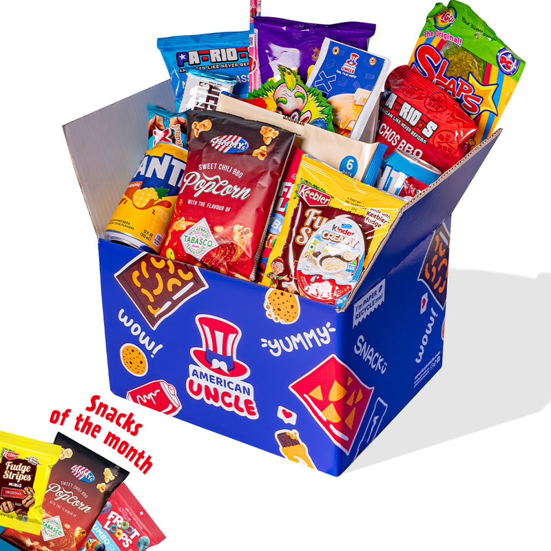 Snack box da almeno 40 prodotti internazionali: dolce, salato e bevande