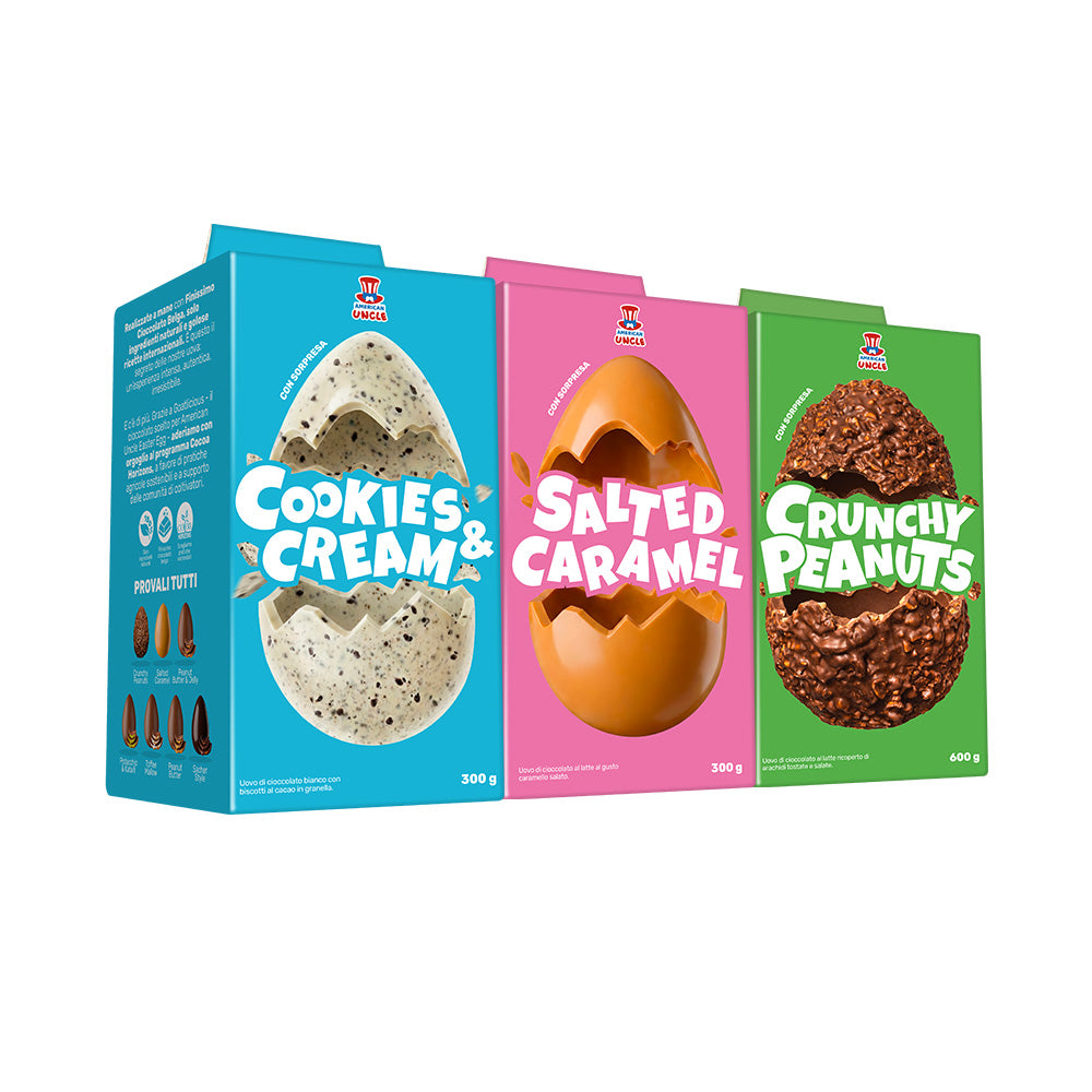 Confezione da 3 uova di Pasqua: cookies and Cream, Salted Caramel e Crunchy peanuts