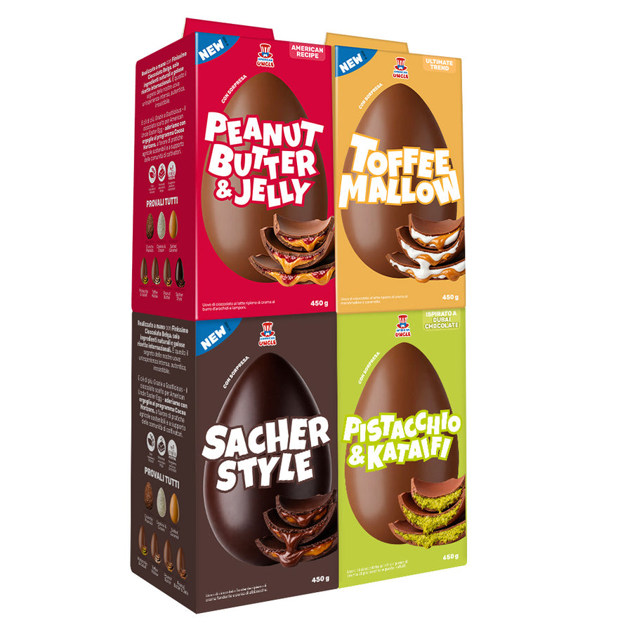 Kit da 4 uova: peanut butter & Jelly, Toffee Mallow, Sacher Style, Pistacchio & Katafii