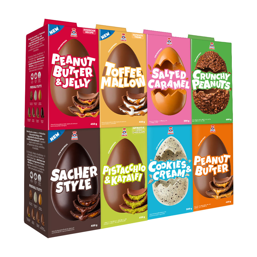 Tutte le uova di Pasqua: burro d'arachidi e marmellata, caramello e marshmallow, caramello salato, arachidi croccanti, marmellata e fondente, pistacchio e kataifi, cookies and cream, burro d'arachidi