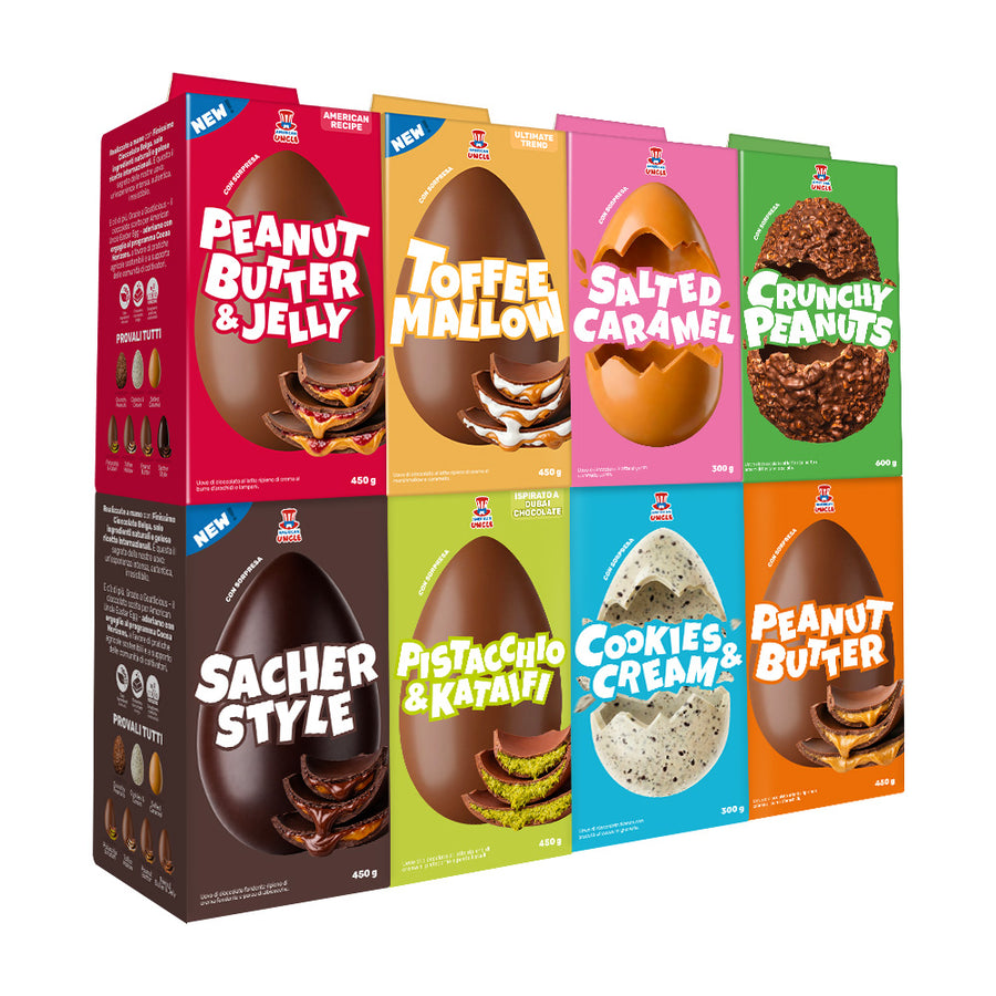 Tutte le uova di Pasqua: burro d'arachidi e marmellata, caramello e marshmallow, caramello salato, arachidi croccanti, marmellata e fondente, pistacchio e kataifi, cookies and cream, burro d'arachidi