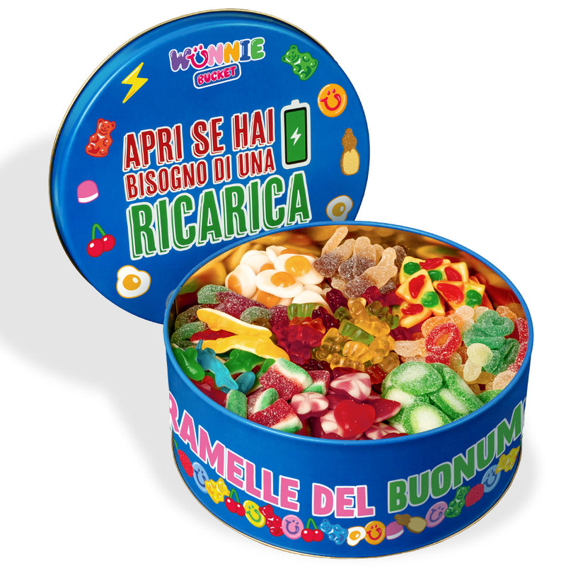 Wunnie Bucket "Apri se hai bisogno di una ricarica", latta di caramelle gommose da 3kg da comporre con i tuoi gusti preferiti