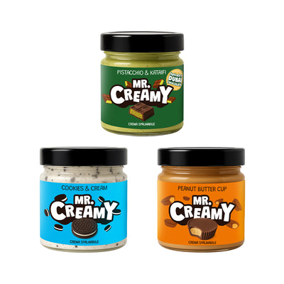 3 confezioni, le più vendute, di creme spalmabili da 200g Mr Creamy: pistacchio e kataifi, cookies and cream e peanut butter cup
