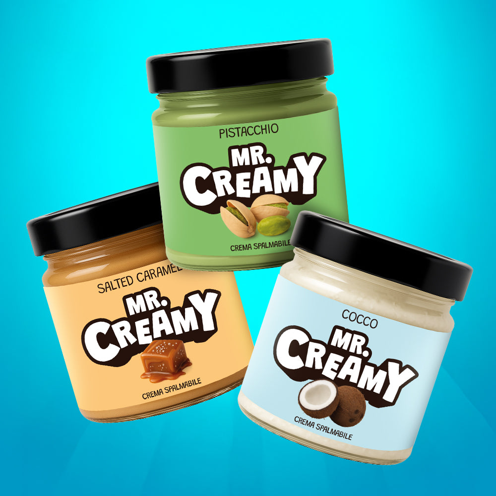 Combo Mr.Creamy "Pick&Mix", 3 creme spalmabili in gusti a scelta: nella foto salted caramel, pistacchio e cocco