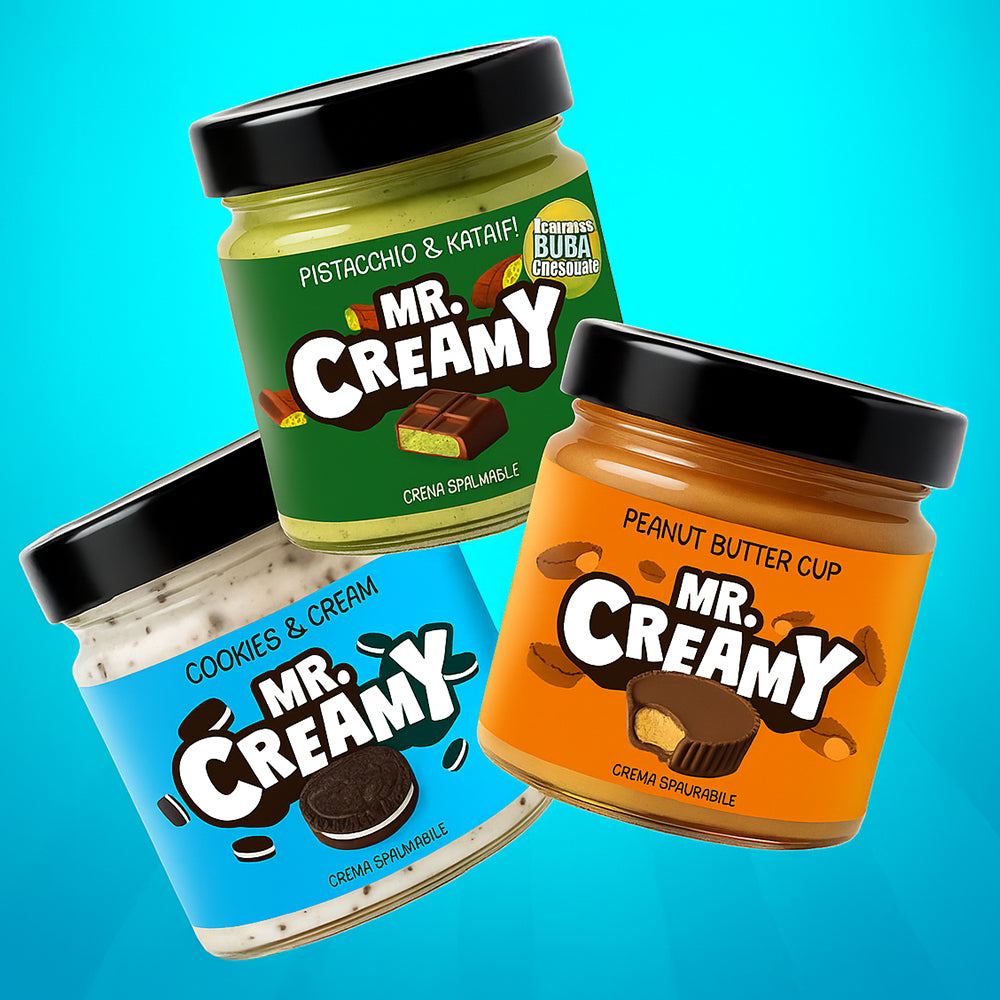 3 confezioni, le più vendute, di creme spalmabili da 200g Mr Creamy: pistacchio e kataifi, cookies and cream e peanut butter cup