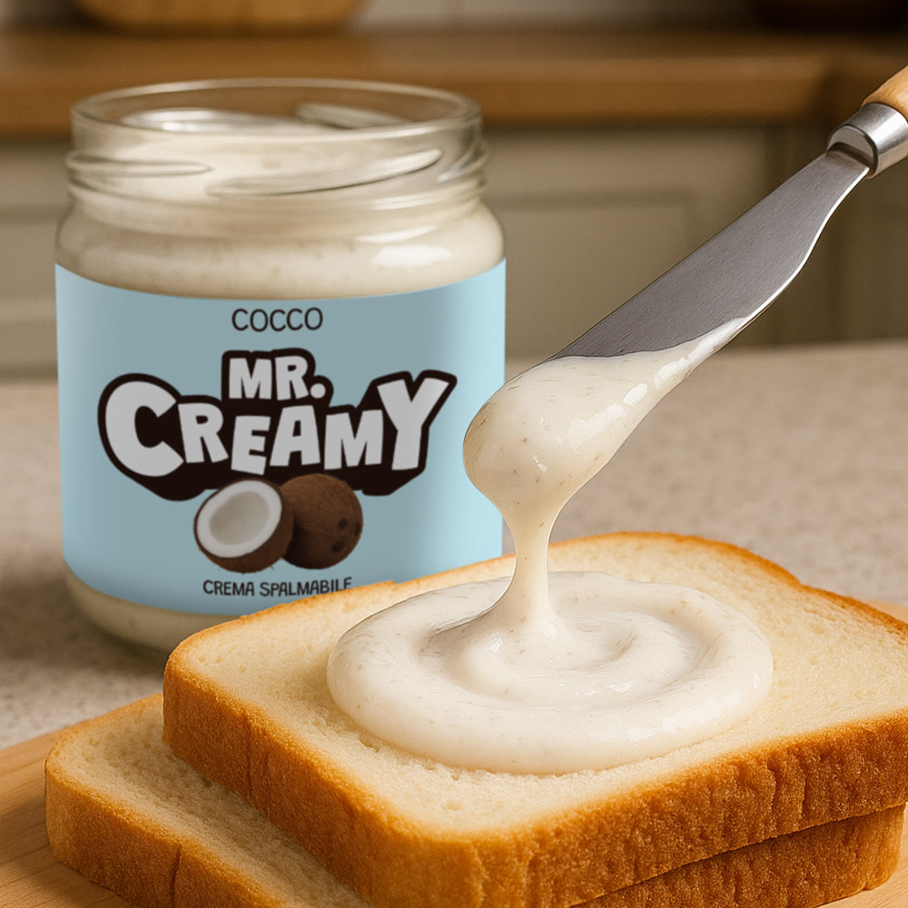 Mr Creamy al cocco spalmata su una fetta di pane 