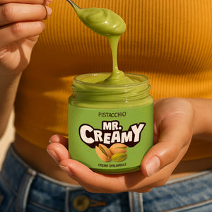 Mr creamy al pistacchio mentre viene sollevata con un cucchiaino