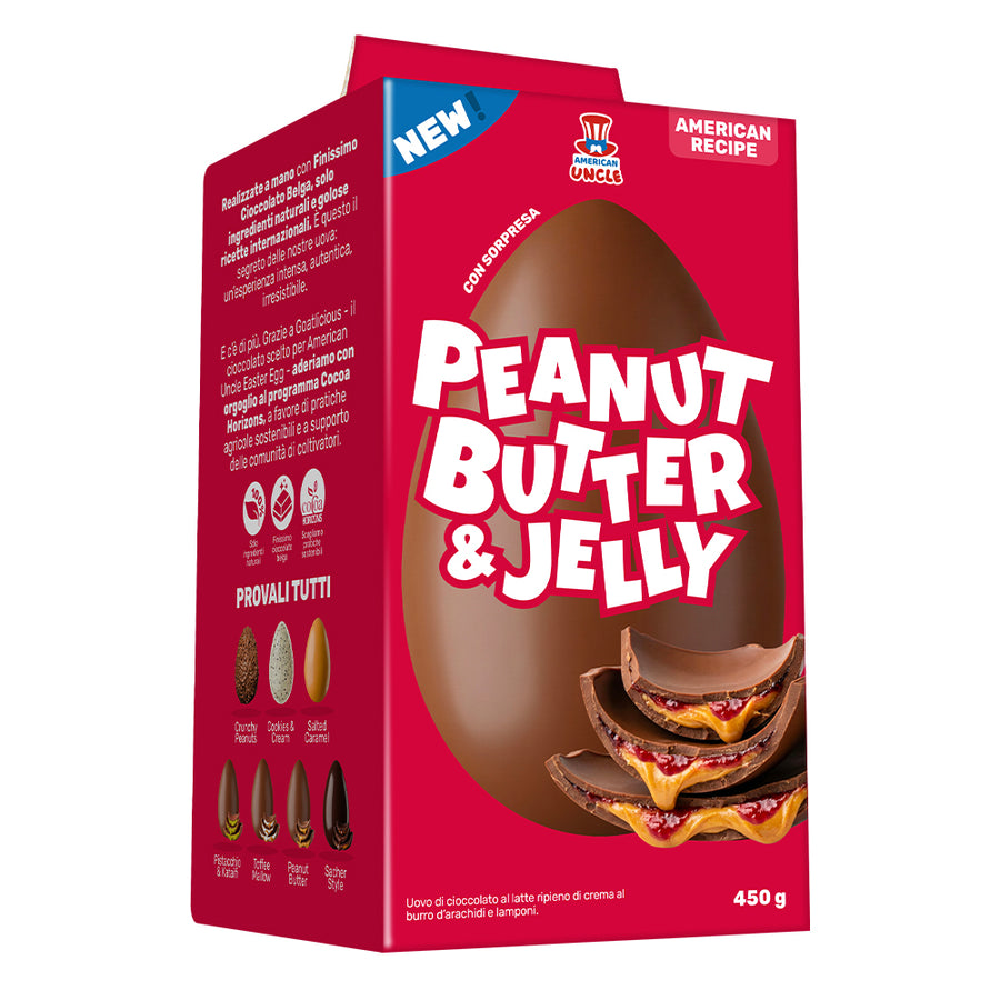 Uovo di Pasqua da 450g al cioccolato e ripieno di burro d'arachidi e marmellata ai lamponi, American Uncle Egg Peanut butter & Jelly