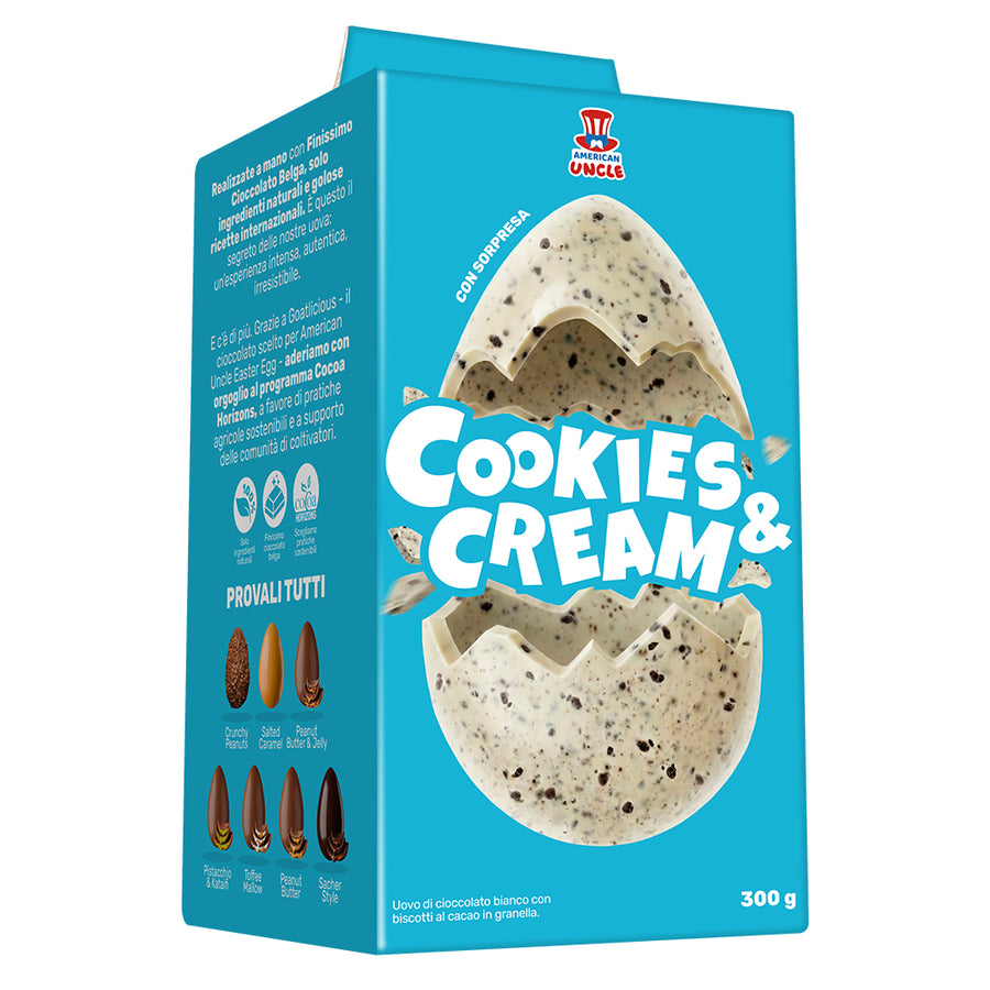 Uovo di Pasqua da 300g al cioccolato bianco con pezzi di biscotto, American Uncle Egg Cookies and Cream