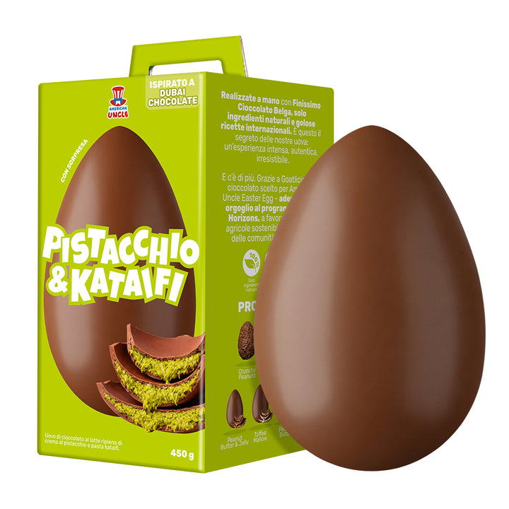Confezione da 450g di uovo Dubai Chocolate in pack verde, con ripieno al pistacchio e kataifi 