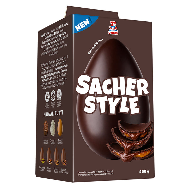 Uovo di Pasqua da 450g al cioccolato fondente ripieno di marmellata di albicocca e fondente American Uncle Egg Sacher Style
