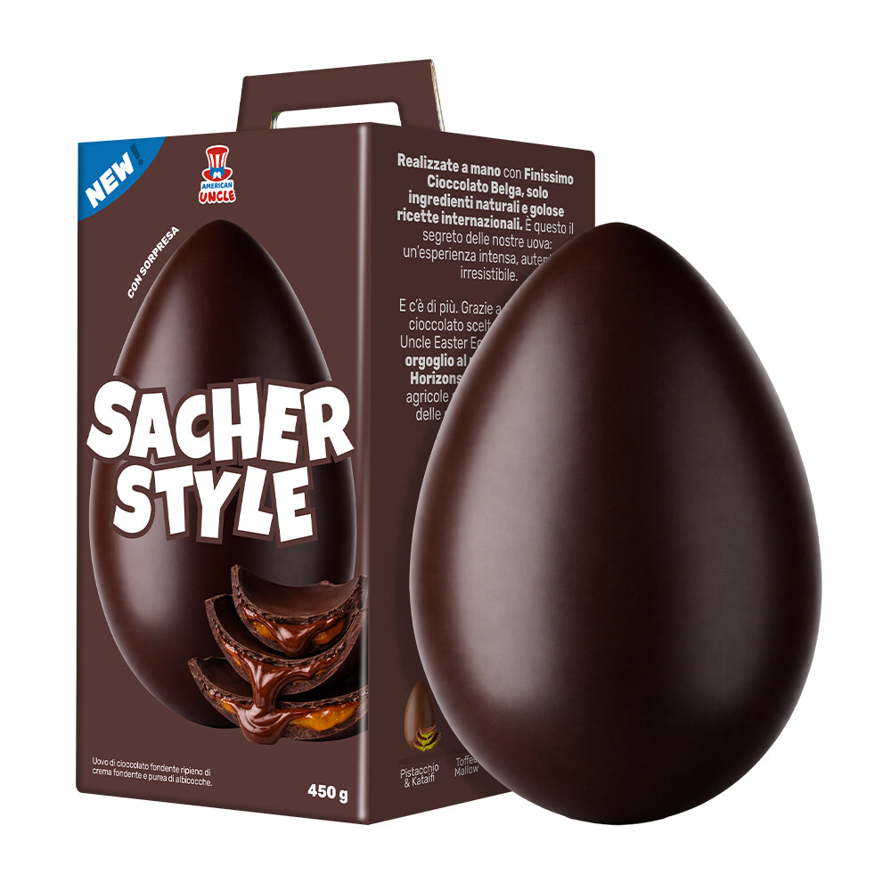 Uovo di Pasqua da 450g sacher style con guscio fondente e ripieno di marmellata e cioccolato