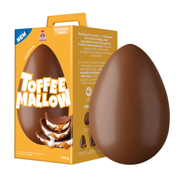 Uovo di Pasqua in pack giallo con guscio di cioccolata a latte e ripieno di marshmallow e caramello