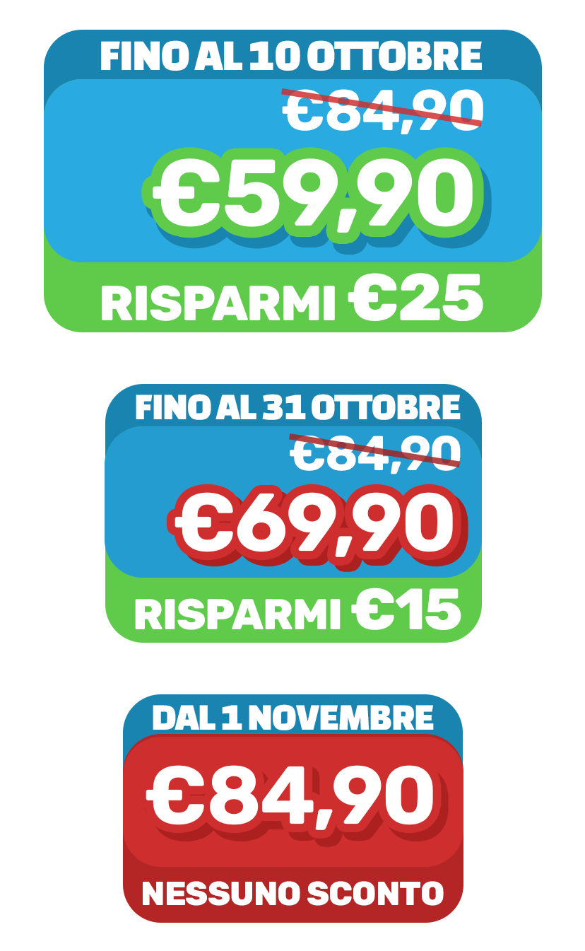 Timeline sconti: fino al 10 ottobre risparmi €25, fino al 31 ottobre €15, dal 1 novembre nessuno sconto