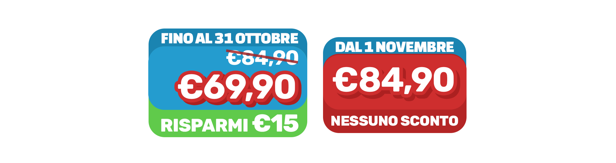 Timeline sconti: fino al 31 ottobre €15, dal 1 novembre nessuno sconto