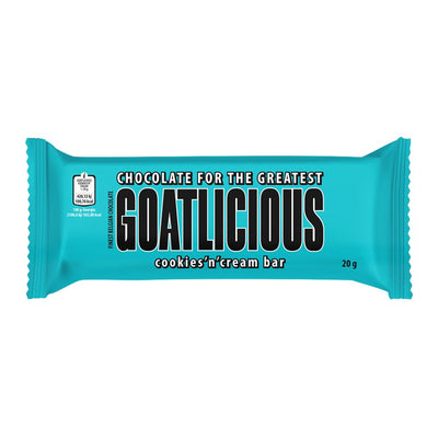 Confezione da 20g, tavoletta di cioccolato bianco con biscotto al cacao GOATLICIOUS.