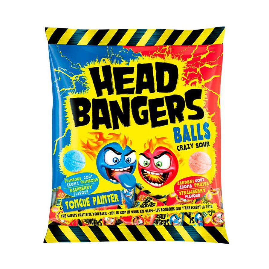 Confezione da 200g, caramelle acide al gusto di fragola e lampone HeadBanger.