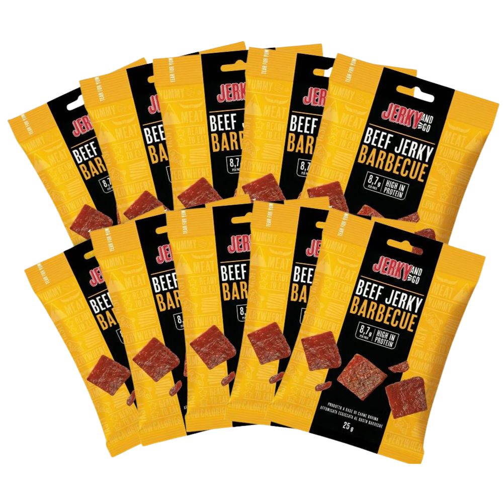 Jerky And Go Beef Jerky Barbecue, snack di carne bovina essiccata e affumicata al gusto barbecue da 25g (Confezione da 10)