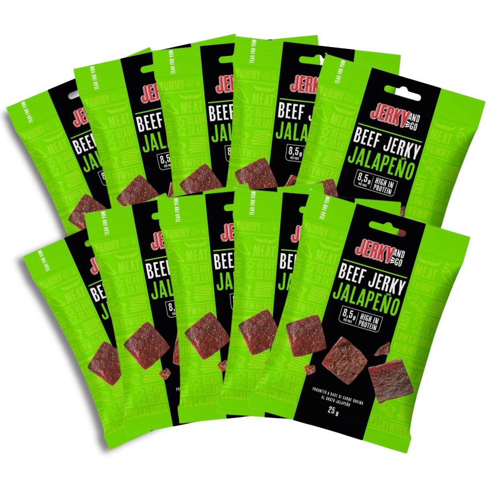 Jerky And Go Beef Jerky Jalapeño, snack di carne bovina essiccata e affumicata al gusto Jalapeño da 25g (Confezione da 10)
