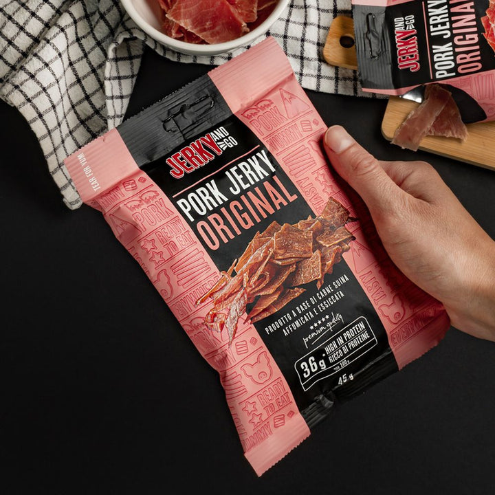 8 Jerky and Go Pork Jerky Original, 8 confezioni di carne secca di maiale da 45g