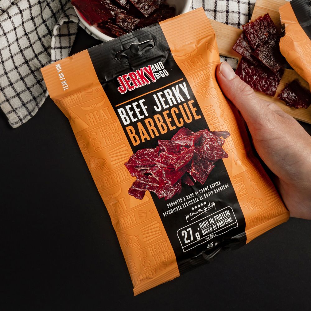 8 Jerky and Go Beef Jerky Barbecue, 8 confezioni di carne secca di manzo al gusto barbecue da 45g